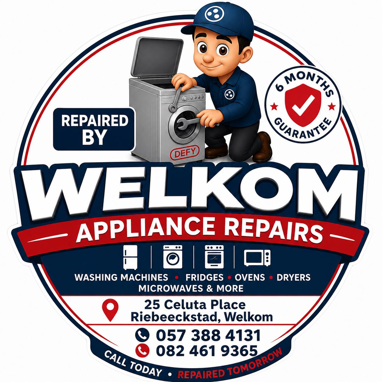 Welkom Appliance Repairs guarantee badge — repaired by Defy technician, 6 months guarantee, washing machines, fridges, ovens, dryers, microwaves and more
