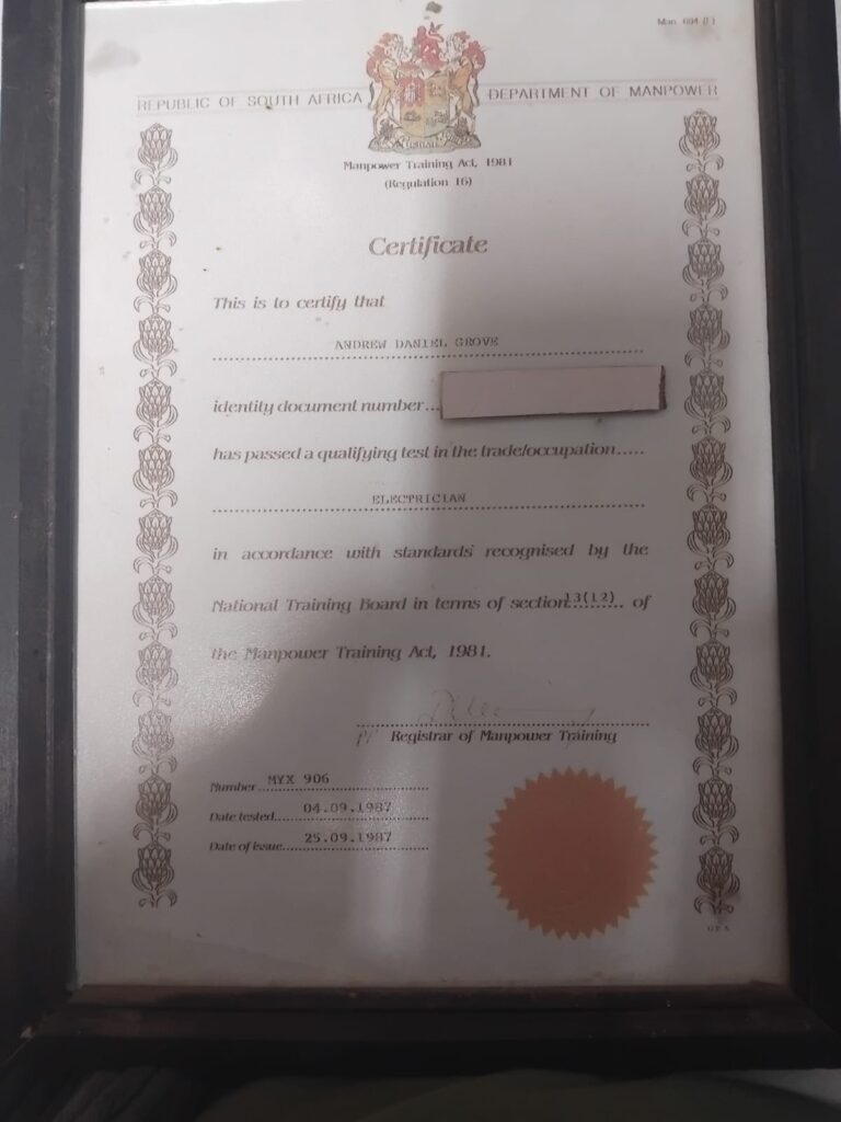 1987 Department of Manpower certificate qualifying Andrew Daniel Grove as an Electrician