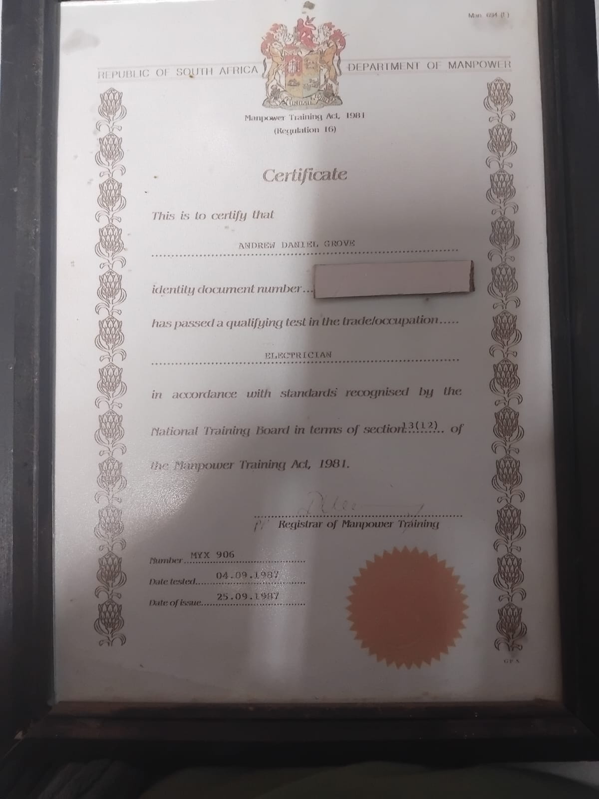 1987 Department of Manpower certificate qualifying Andrew Daniel Grove as an Electrician