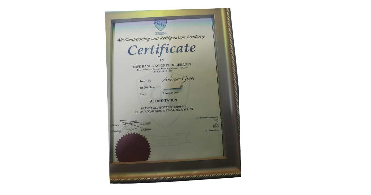 Certificate in Safe Handling of Refrigerants, issued to Andrew Grove by the Air Conditioning and Refrigeration Academy