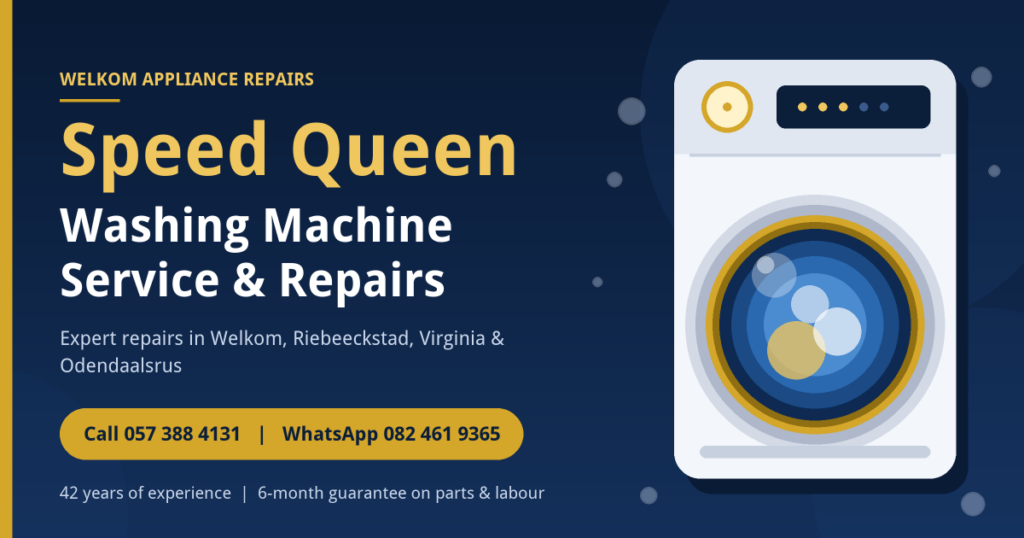 Speed Queen washing machine service and repairs in Welkom by Welkom Appliance Repairs, illustration of a front loader with contact numbers